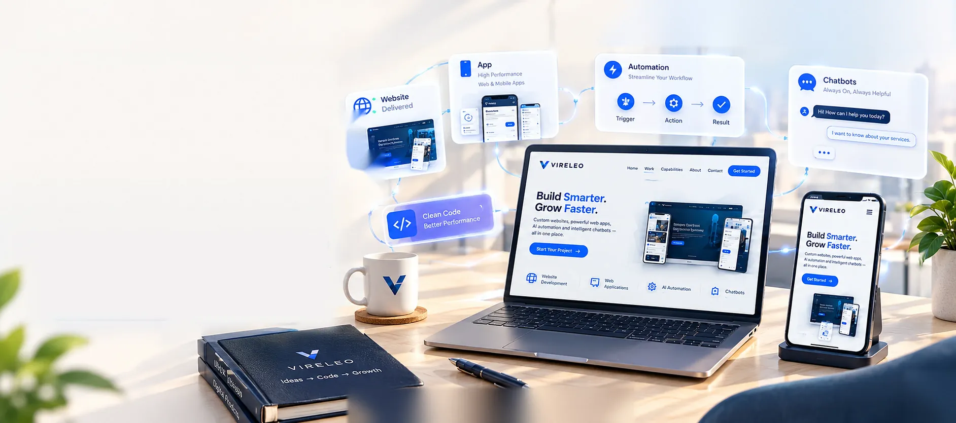 VIRELEO workspace showing a website, app, automation and chatbot built by the studio
