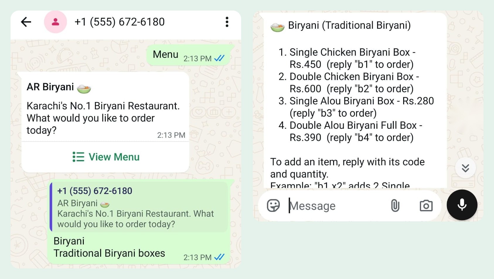 WhatsApp chatbot conversation preview