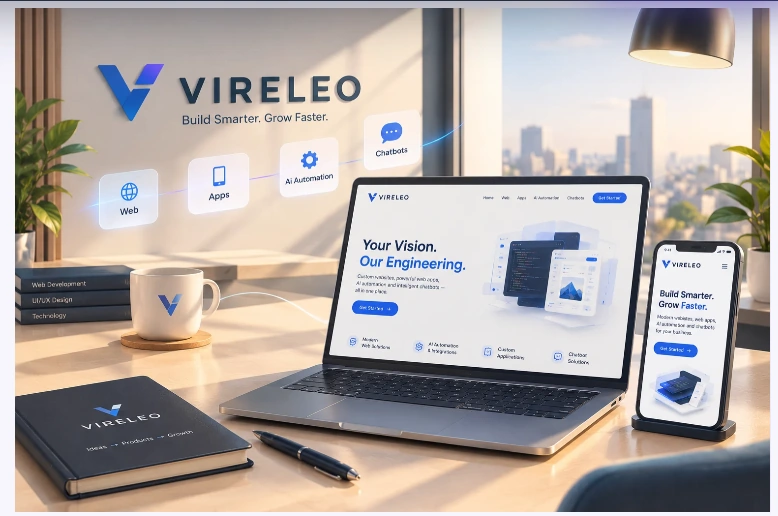 VIRELEO branded workspace with a laptop and phone showing the website, floating Web, Apps, AI Automation and Chatbots service cards